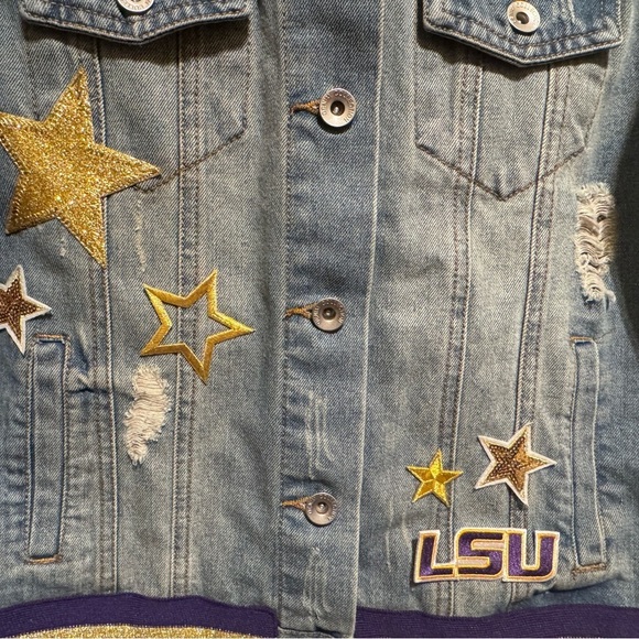 LSU Tigers Denim Jean Jacket Long Sleeve Button Down Gameday Women Sz M - Picture 4 of 14